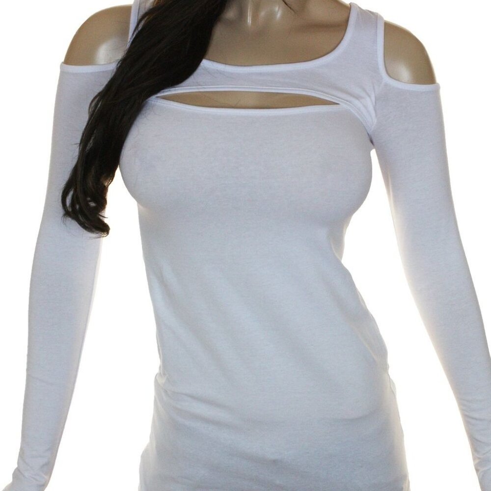 White Long Sleeve Open Cold Shoulder Peekaboo Top